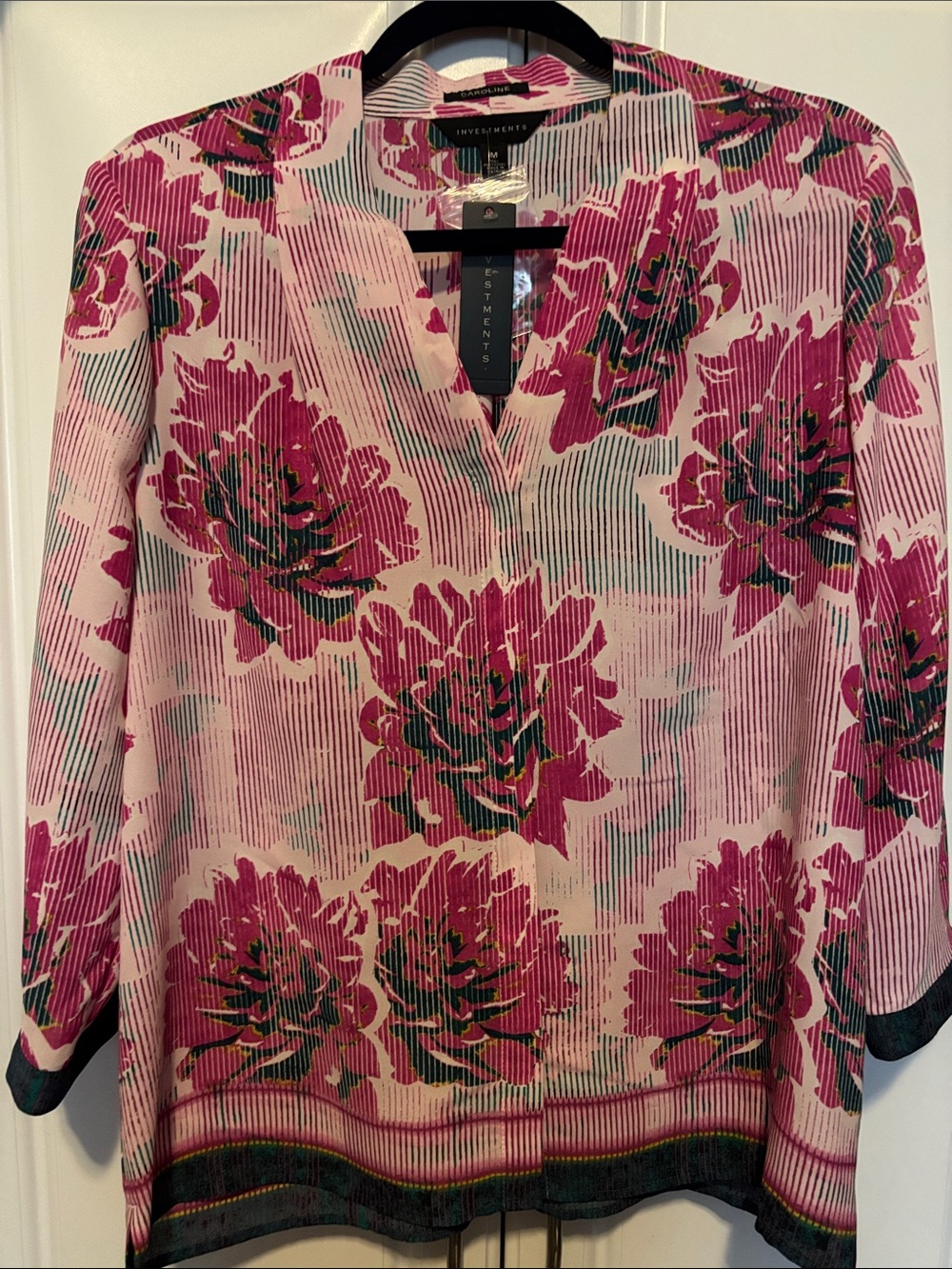 Investments Pink Floral Split-Neck Blouse with Green Accents
